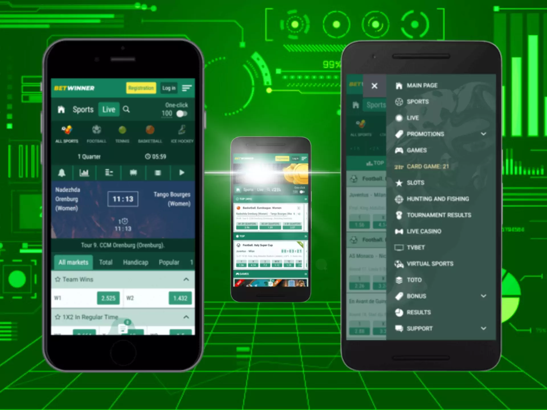 Betwinner mobile version has almost all the same features as a desktop version does.