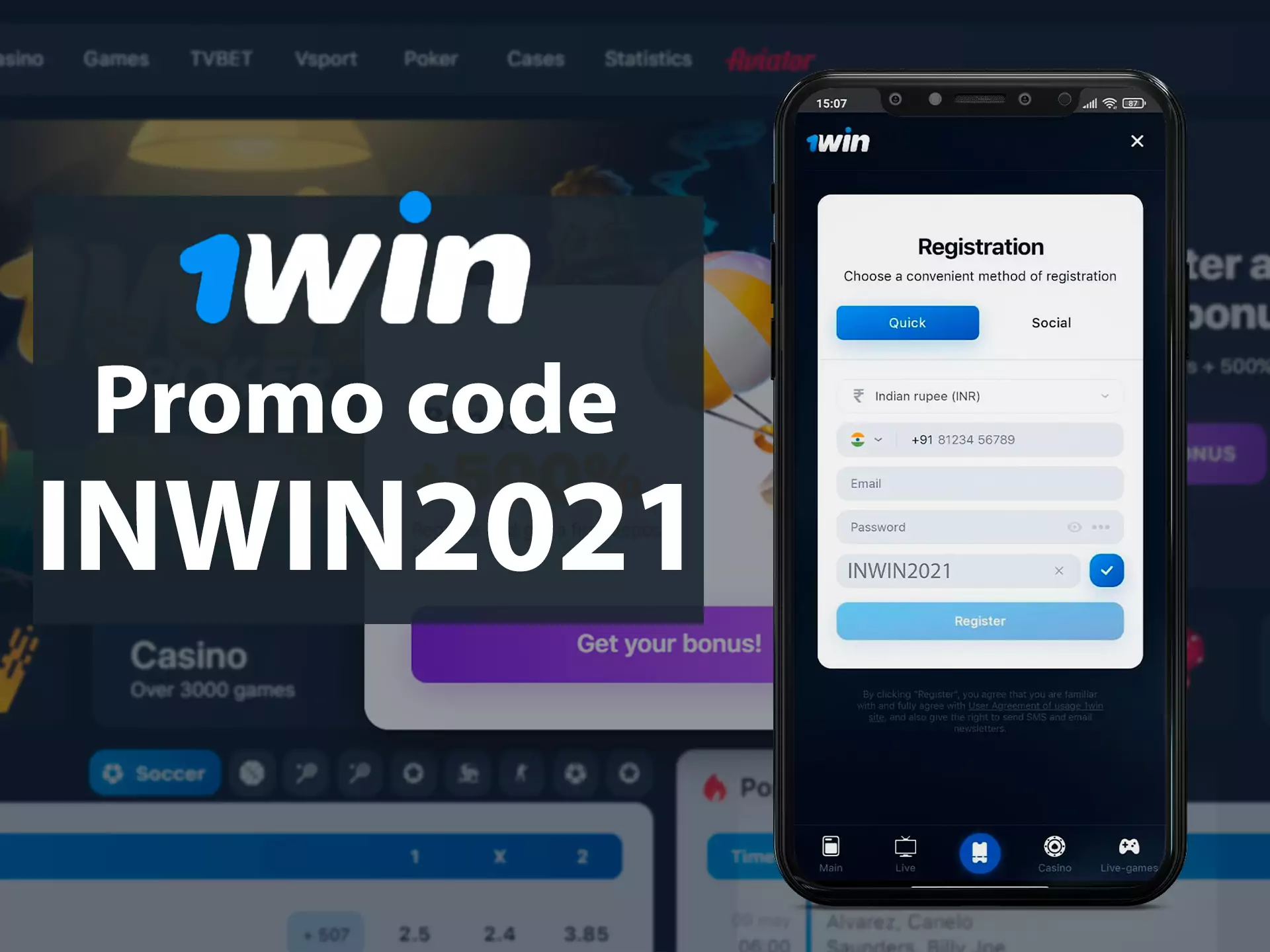 You can get up to 75,000 INR withe INWIN2021 promo code in 1win app.