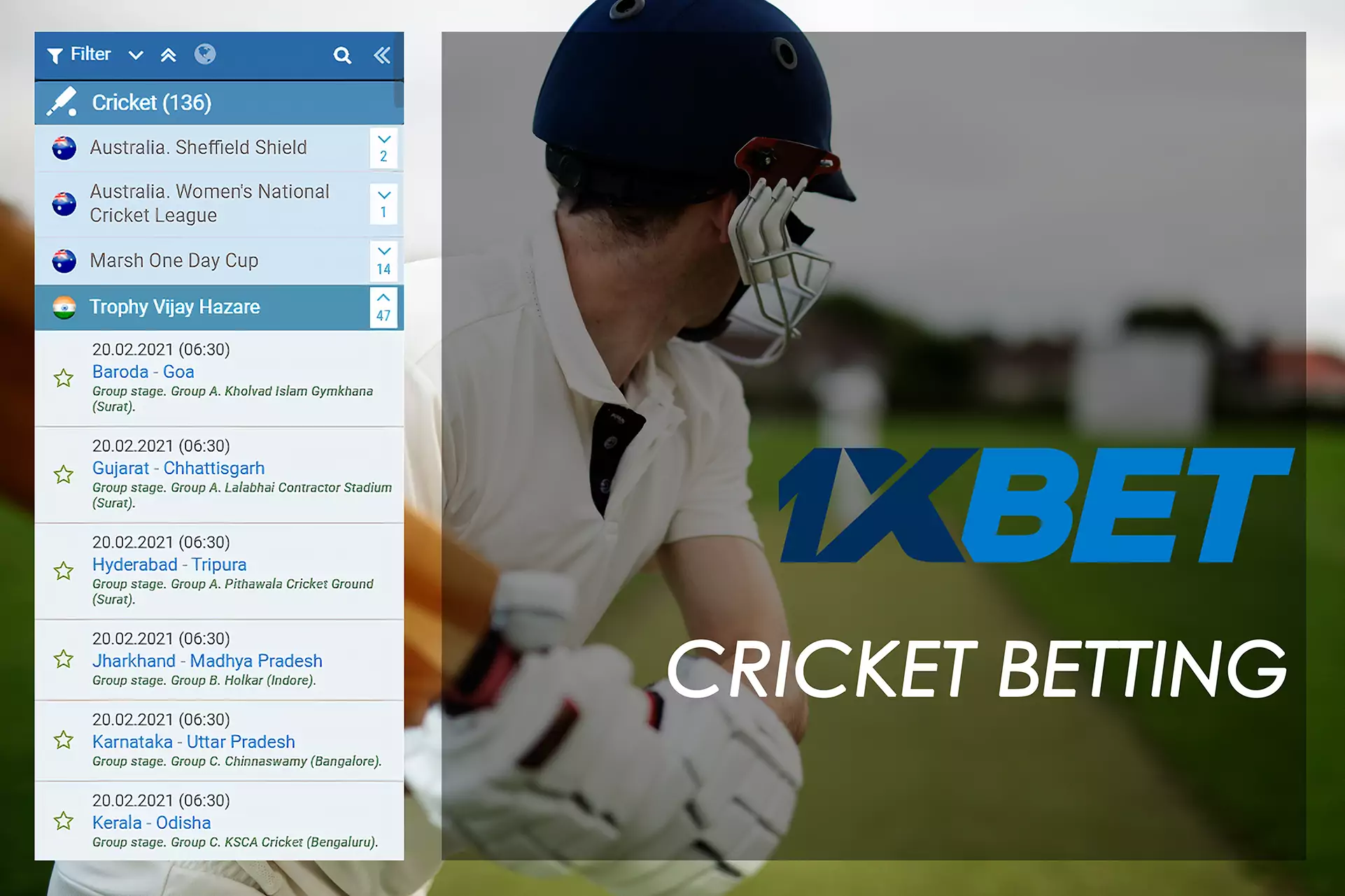 1xBet ऐप भारत में विभिन्न प्रकार के क्रिकेट सट्टेबाजी विकल्प प्रदान करता है।