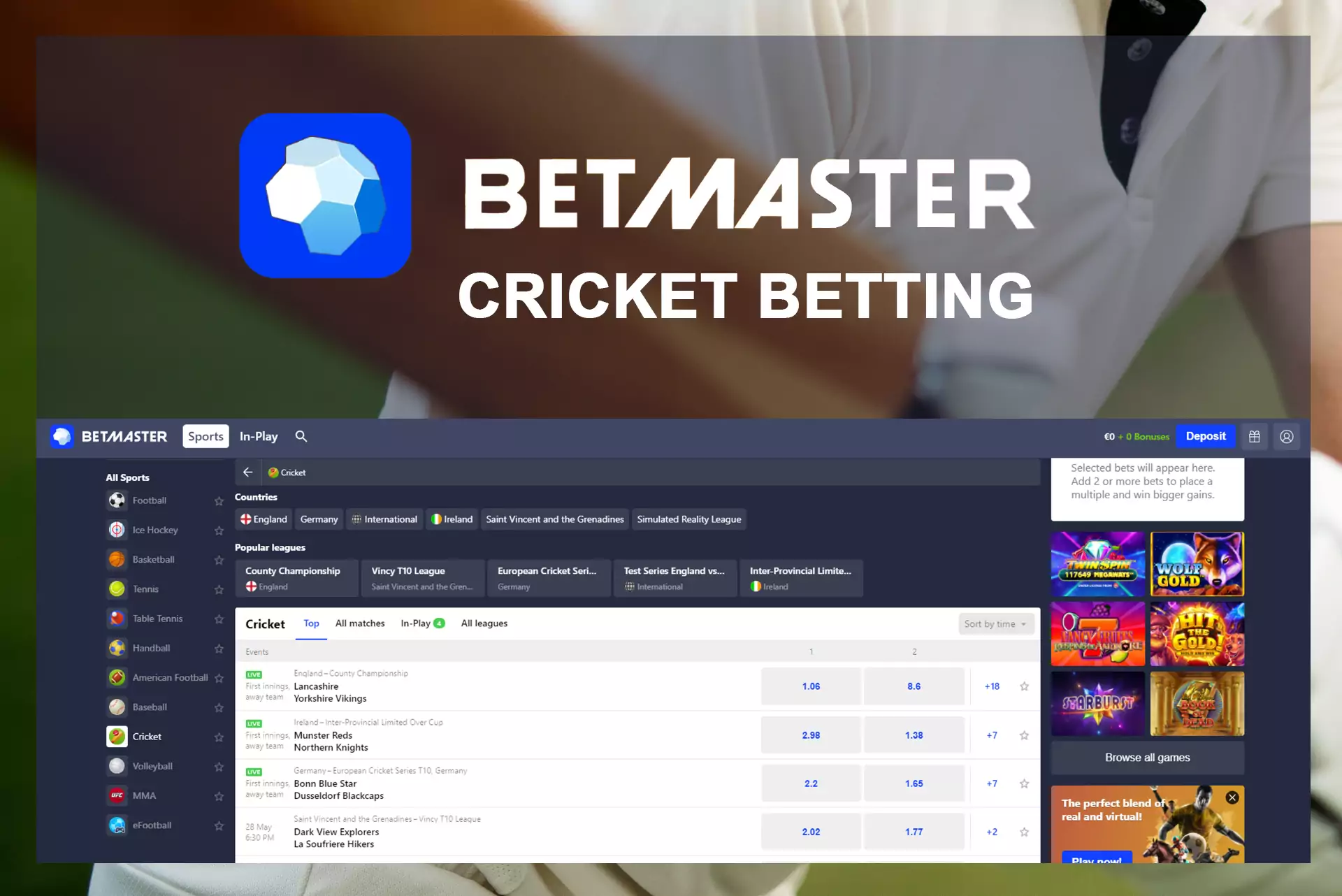 चुनें क्रिकेट टीम और एक शर्त जगह पर Betmaster।