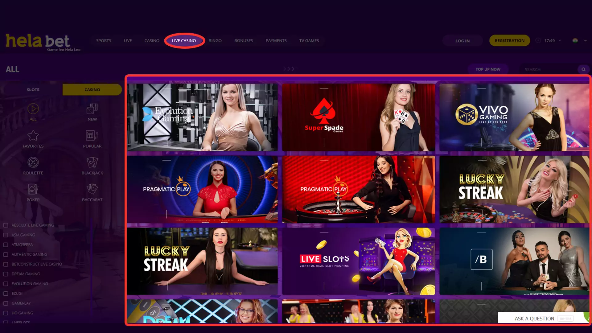 Indian users can try their hand at Helabet live casino.