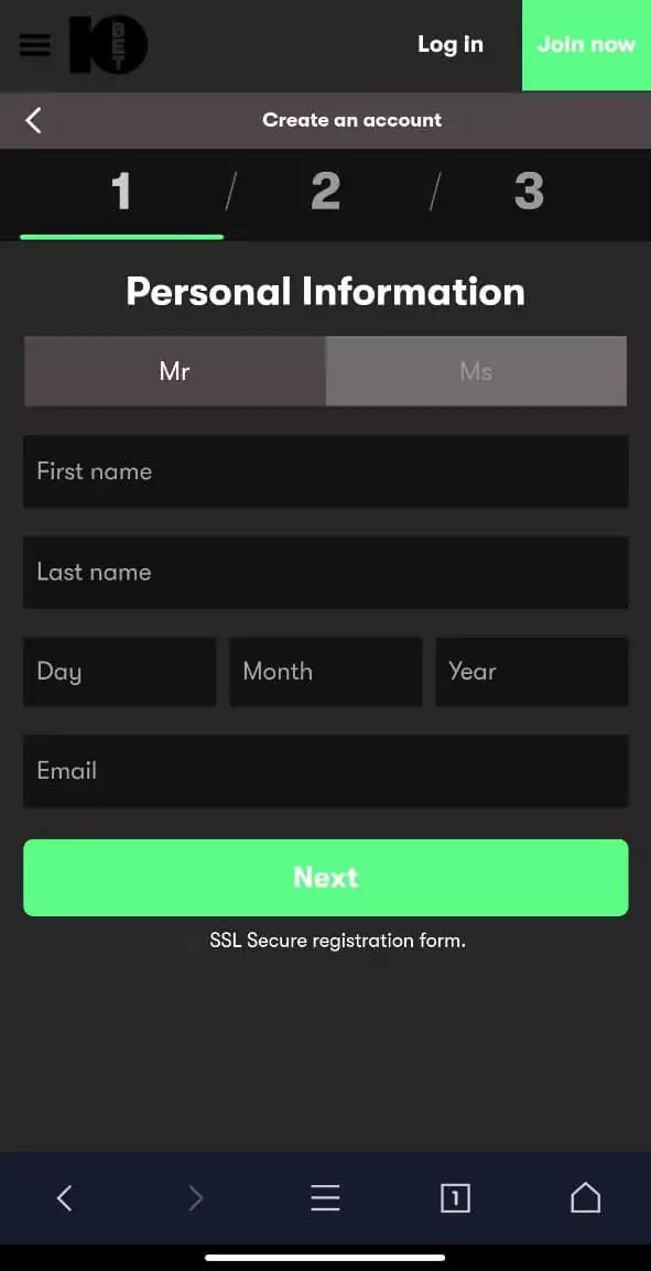 Registration form in the 10Bet mobile app.