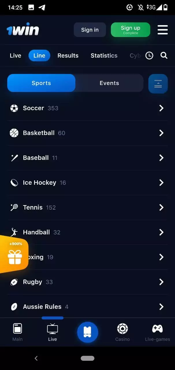 Sports betting section in 1win mobile app.