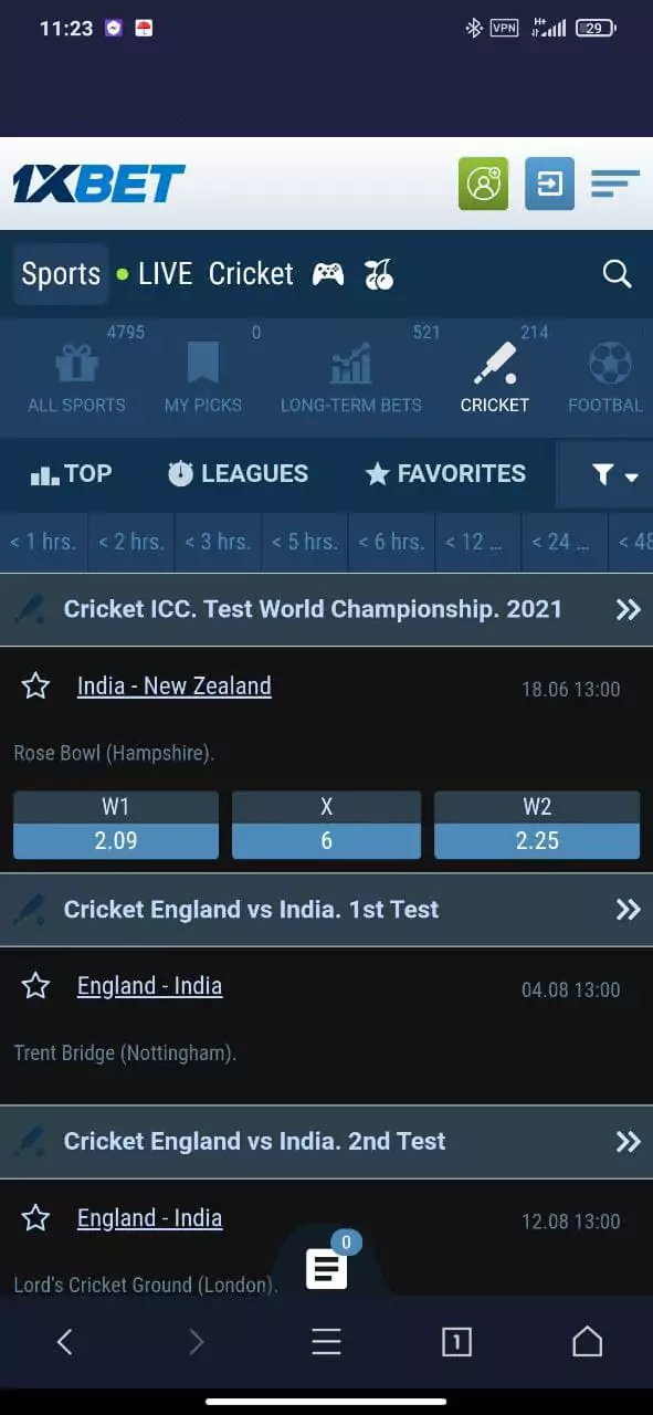 1xbet mobile app cricket section.