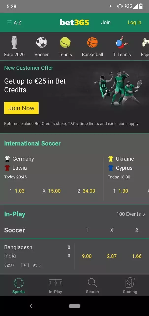Sports Betting Section in Bet365 Mobile App.