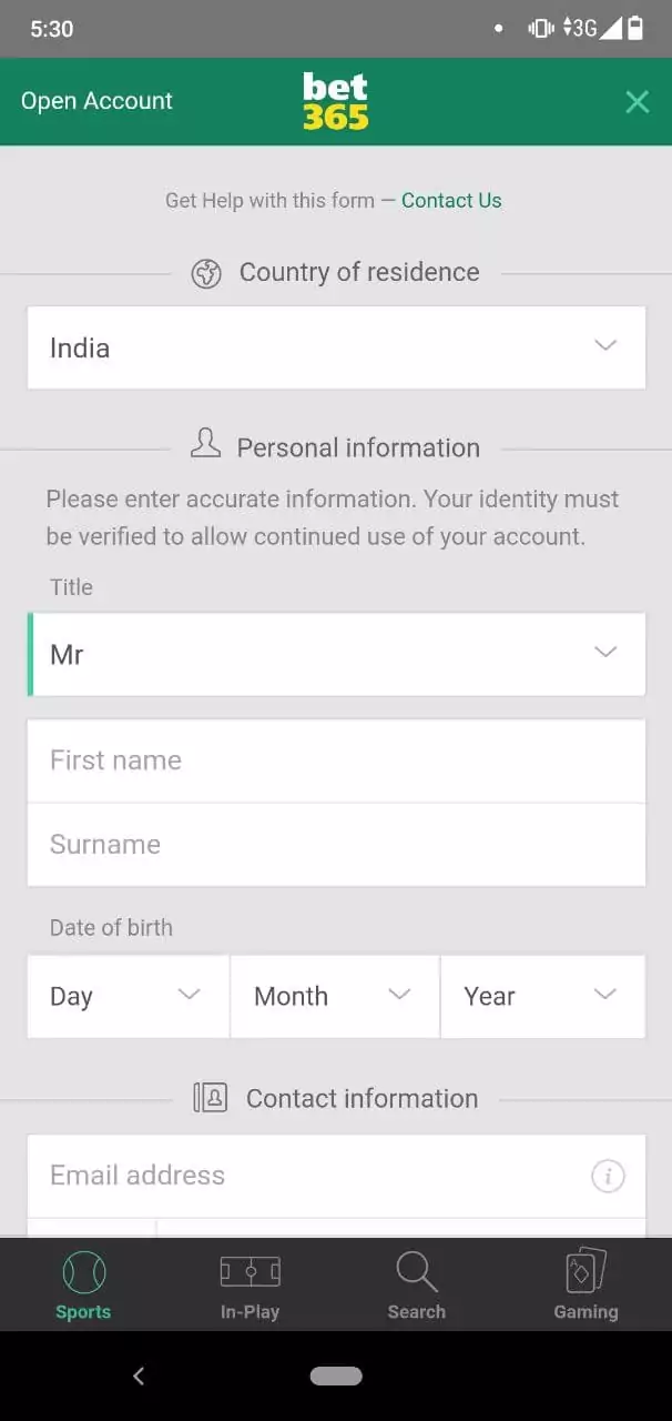 Registration Form in Bet365 Mobile App.