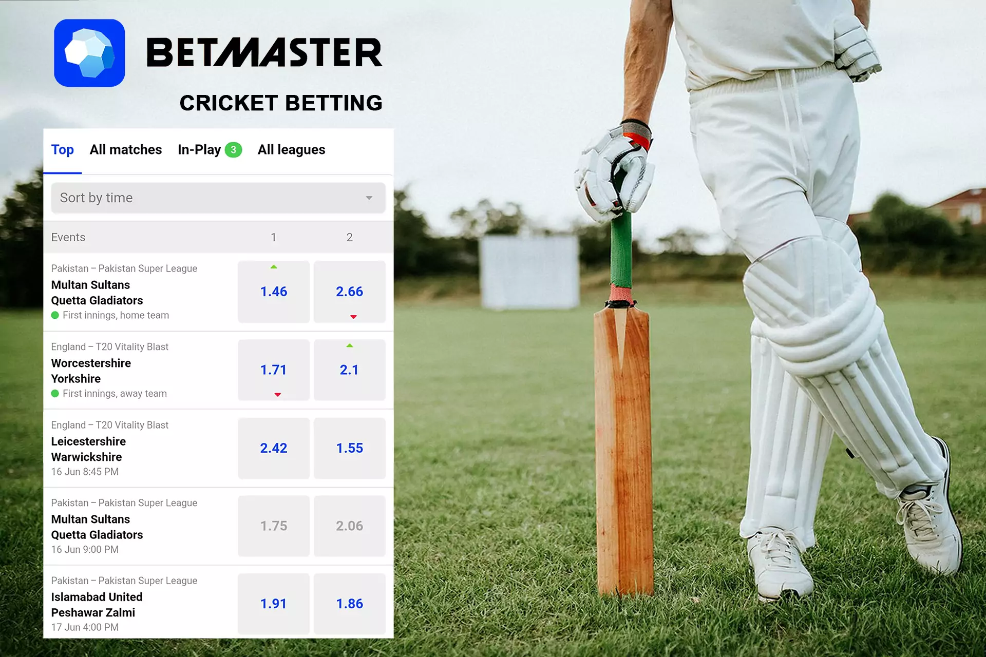 Place bets on favorite cricket team on Betmaster.