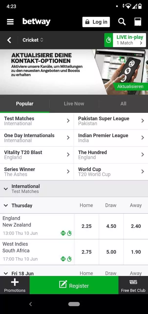 Cricket Betting Section in Betway Mobile App.