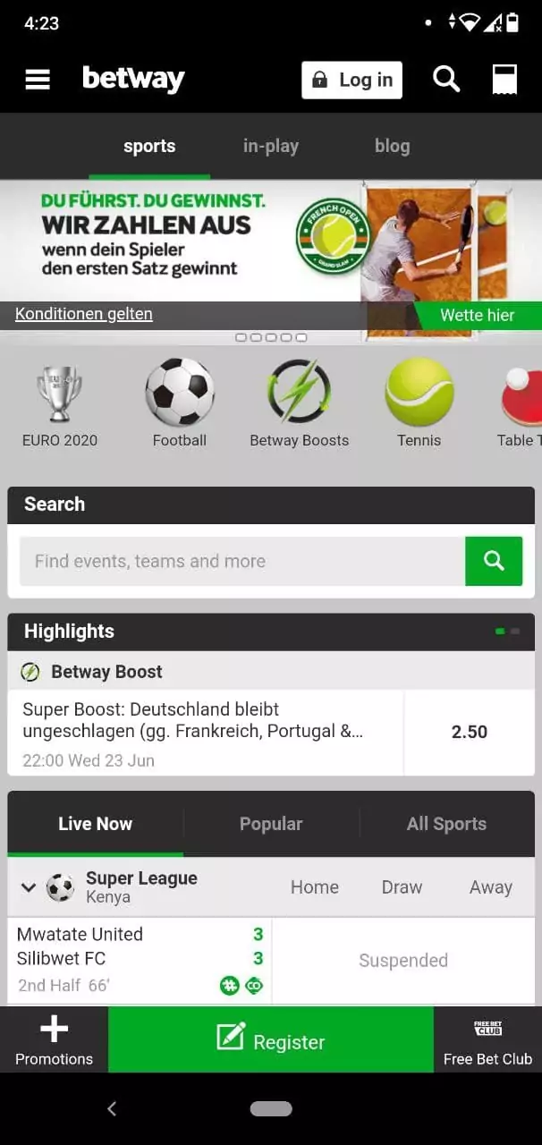 Sports Betting Options in Betway Mobile App.