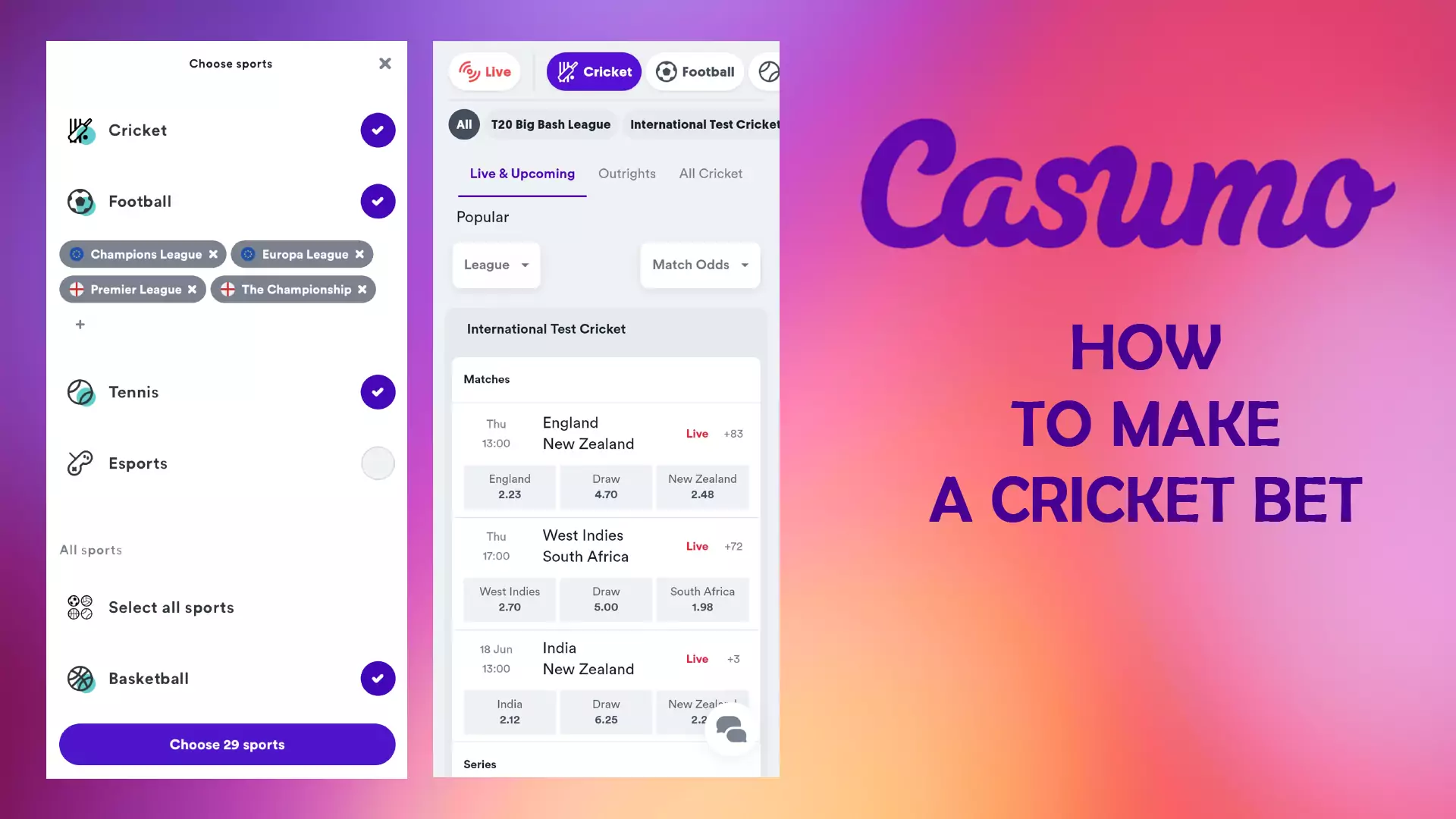 Casumo एप पर, प्रशंसकों के लिए क्रिकेट सट्टेबाजी भी उपलब्ध है।