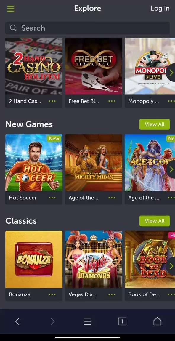 Casino games in the ComeOn mobile app.
