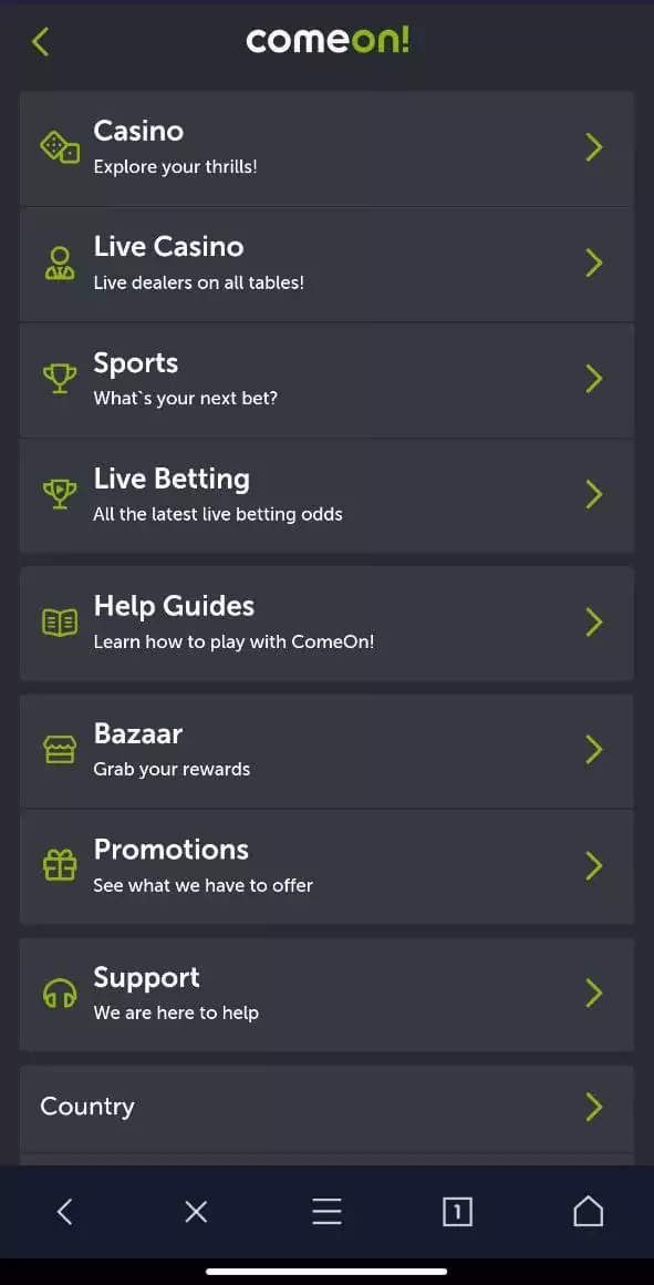 ComeOn mobile app menu.