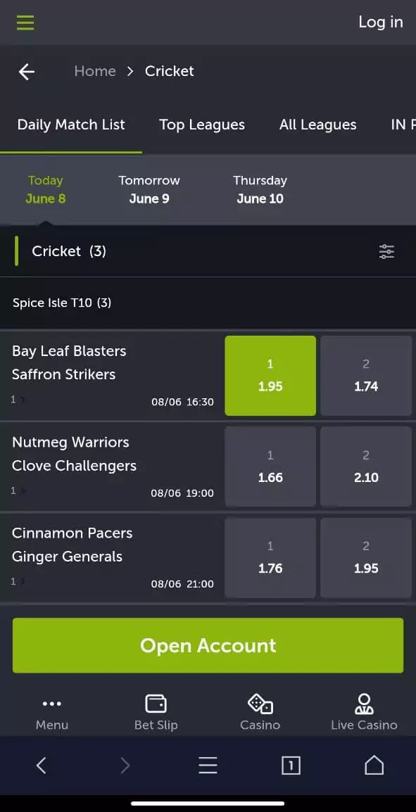 Cricket betting in the ComeOn mobile app.