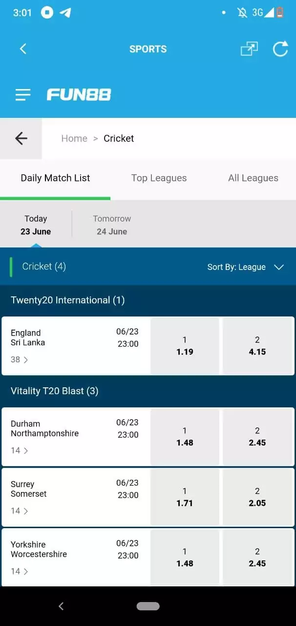 Cricket Betting Section in Fun88 Mobile App.