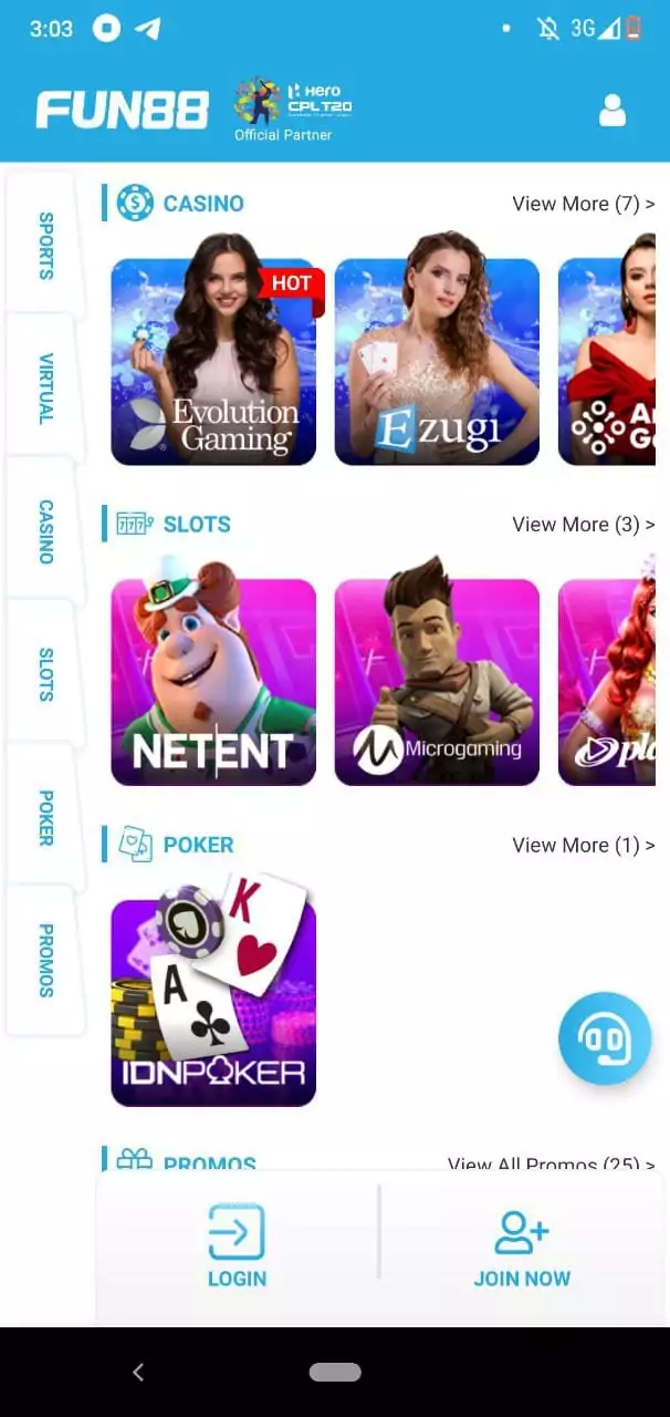 Online Casino in Fun88 Mobile App.
