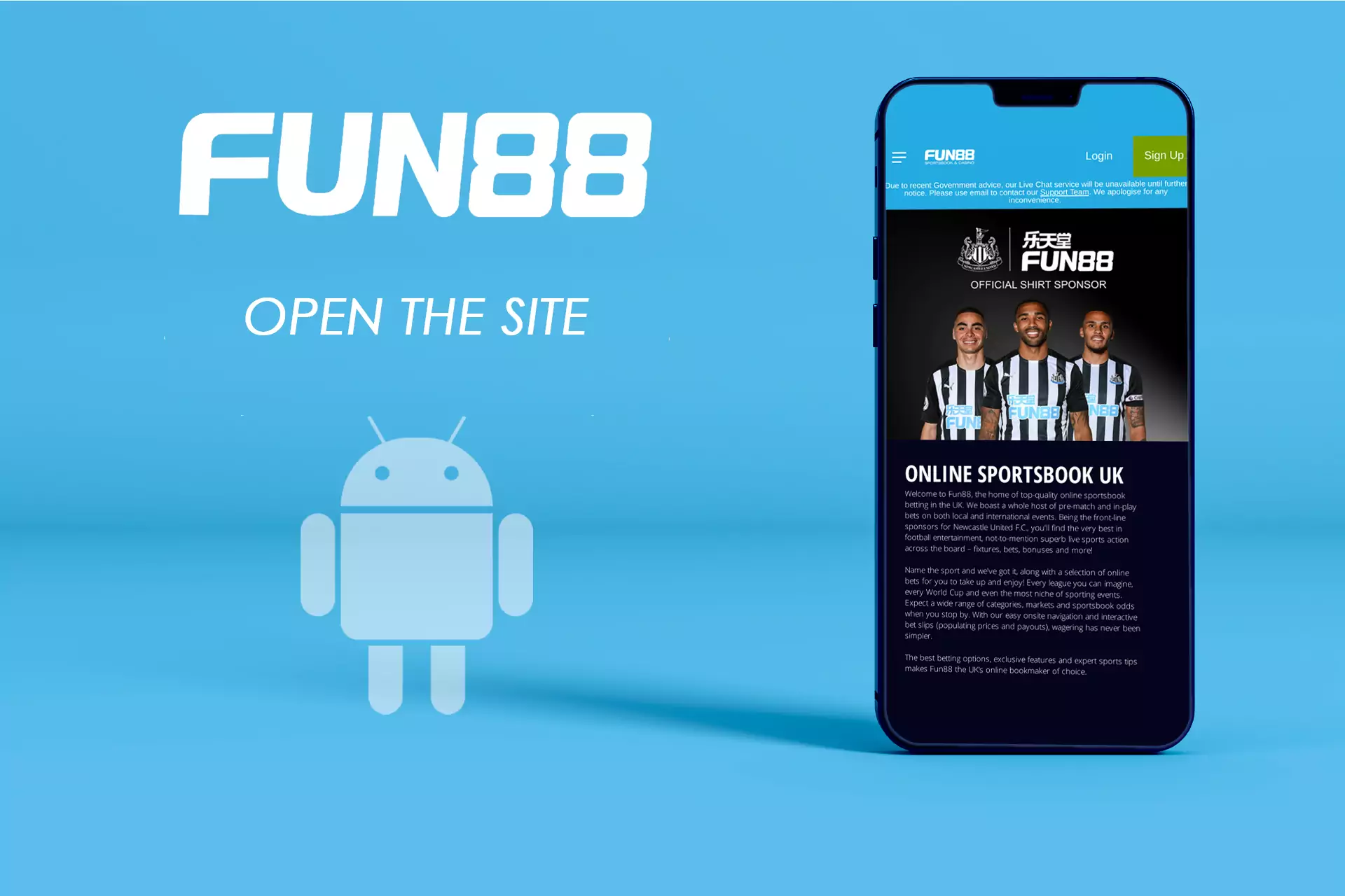 Open the website of Fun88 and find the page with a link to download.