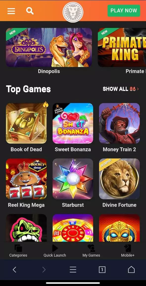 Casino games in the LeoVegas mobile app.