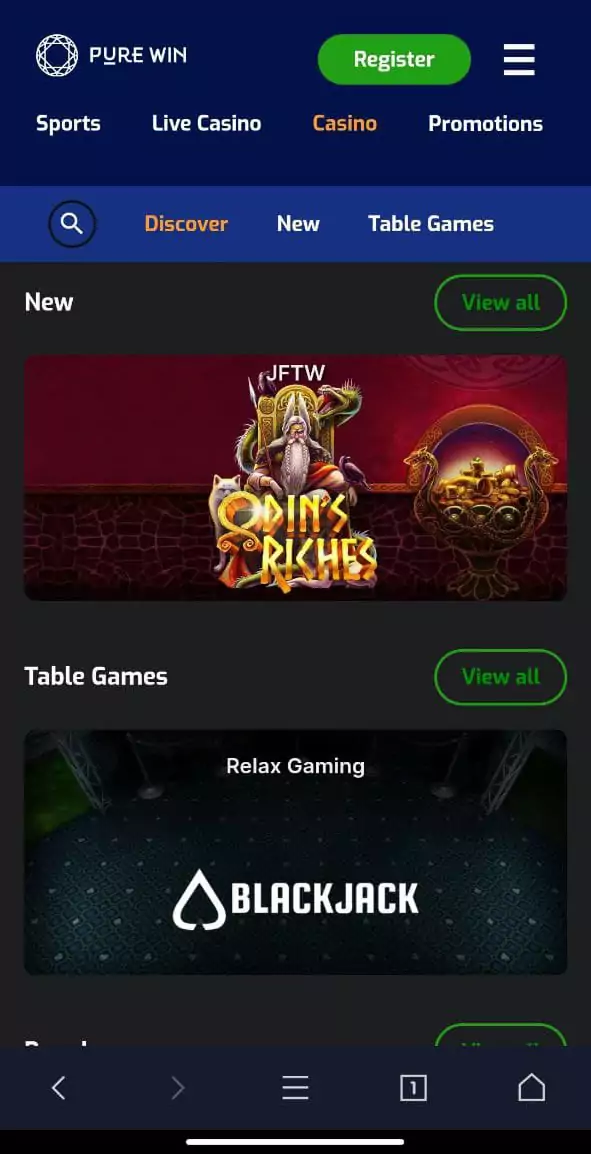 Casino games in the Pure Win mobile app.