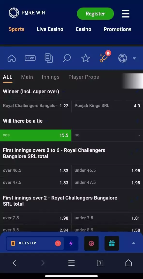 Pure Win मोबाइल एप्लिकेशन में क्रिकेट अनुभाग।