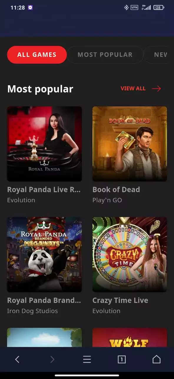 Casino games in the Royal Panda mobile app.