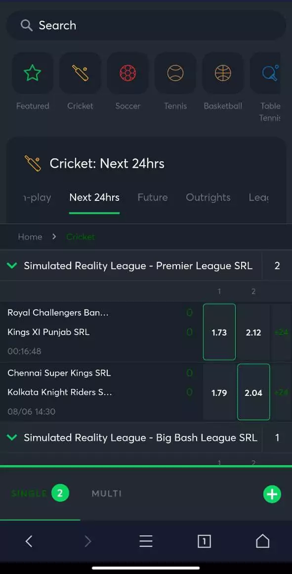 क्रिकेट अनुभाग में Sportsbet मोबाइल एप है।