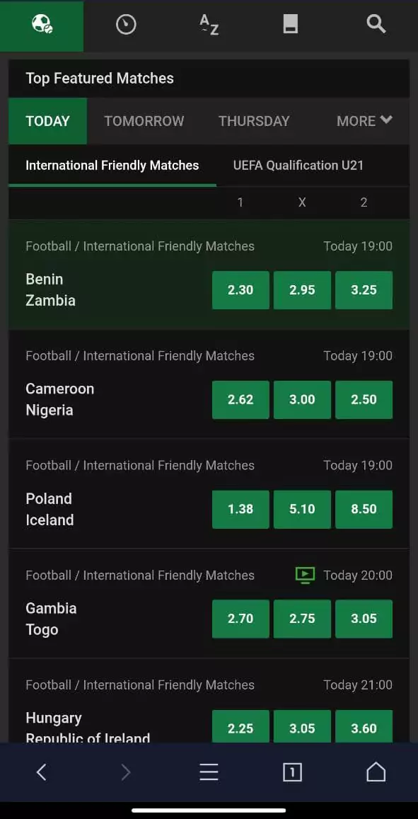 Sport betting in the Unibet mobile app.