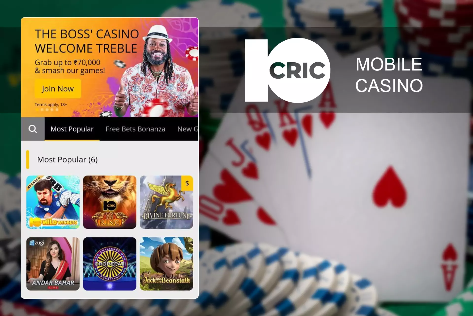 Casino fans can play table games and slots both in the app and mobile site.