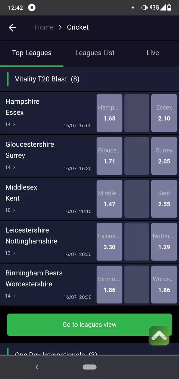 Cricket Betting in Spin Sports App.