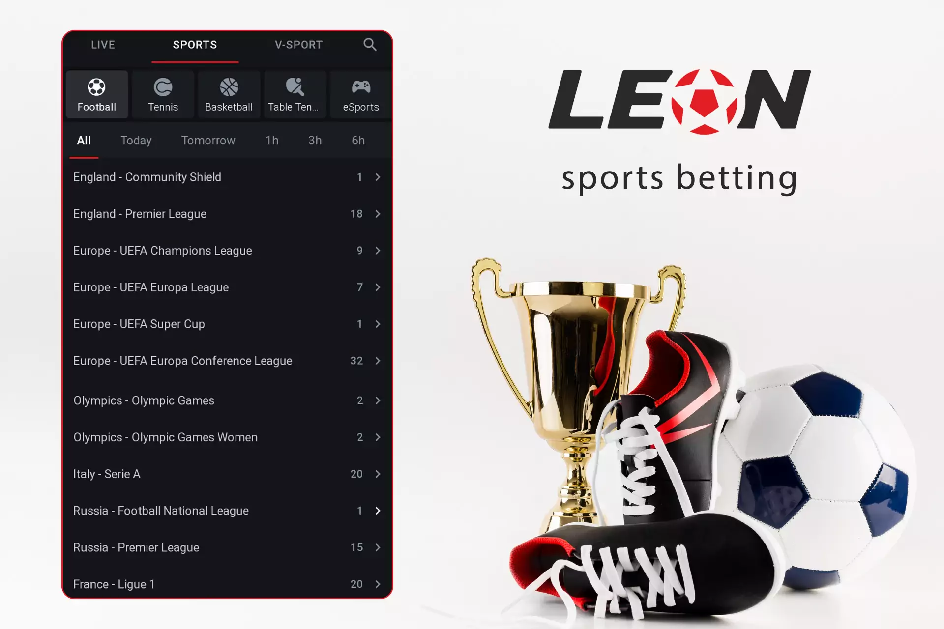 In the sports section, you can place a bet on any available tournament.