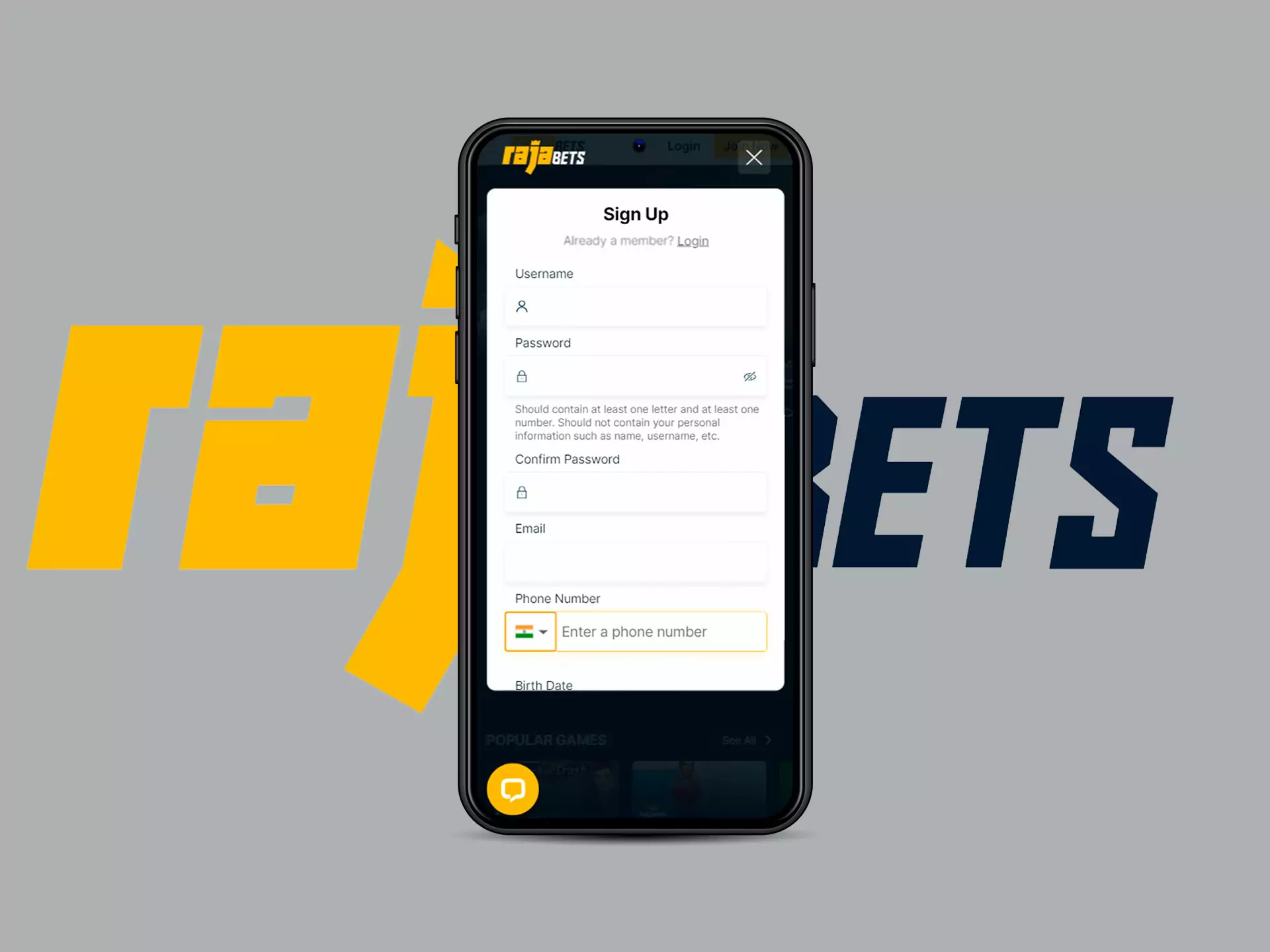Create an account in the handy Rajabets mobile app.