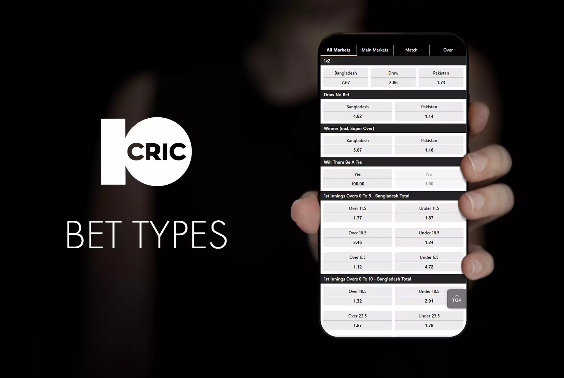 Various types of sports betting are available in the 10Cric app.