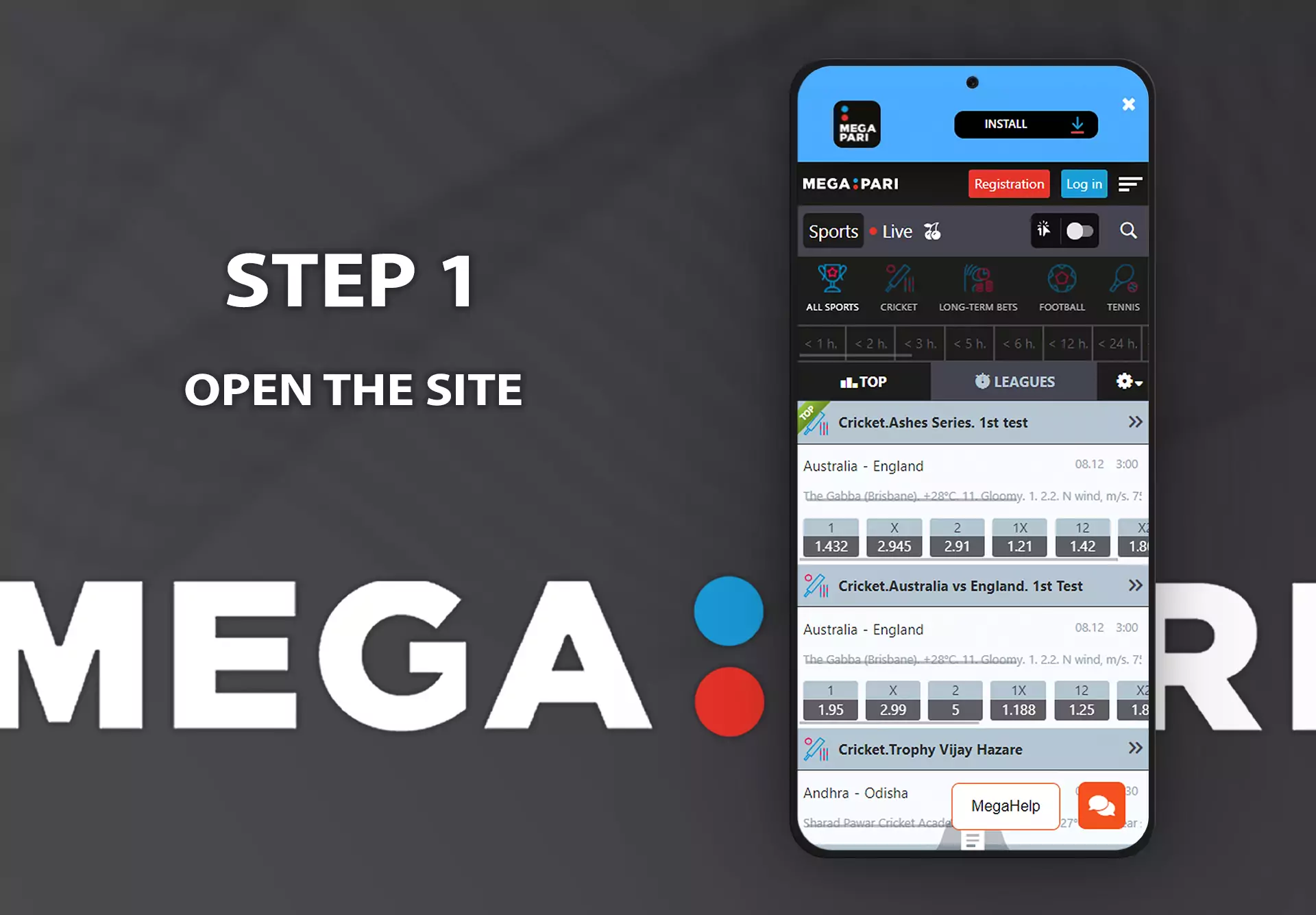 अपने डिवाइस पर एक ब्राउज़र में Megapari साइट का होमपेज खोलें।