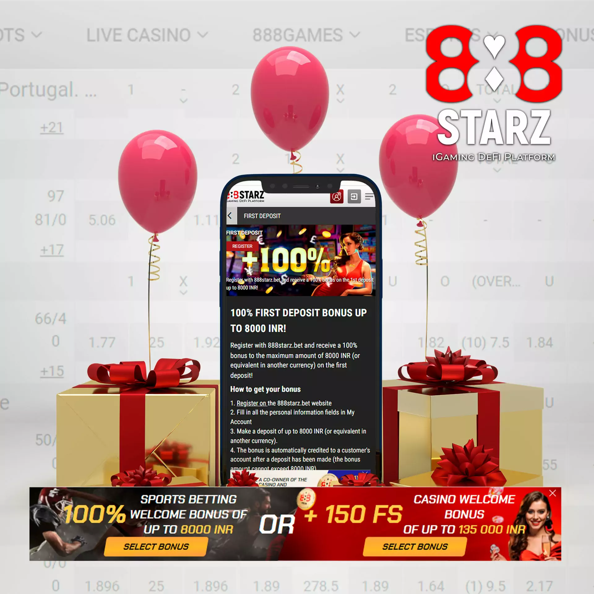 888starz is giving a welcome bonus of INR 8,000 to new users.