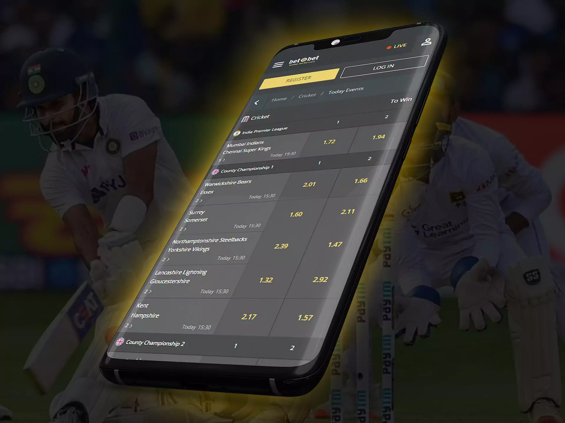 Bet O Bet के मोबाइल संस्करण में उपयोगकर्ता क्रिकेट पर दांव लगा सकते हैं।