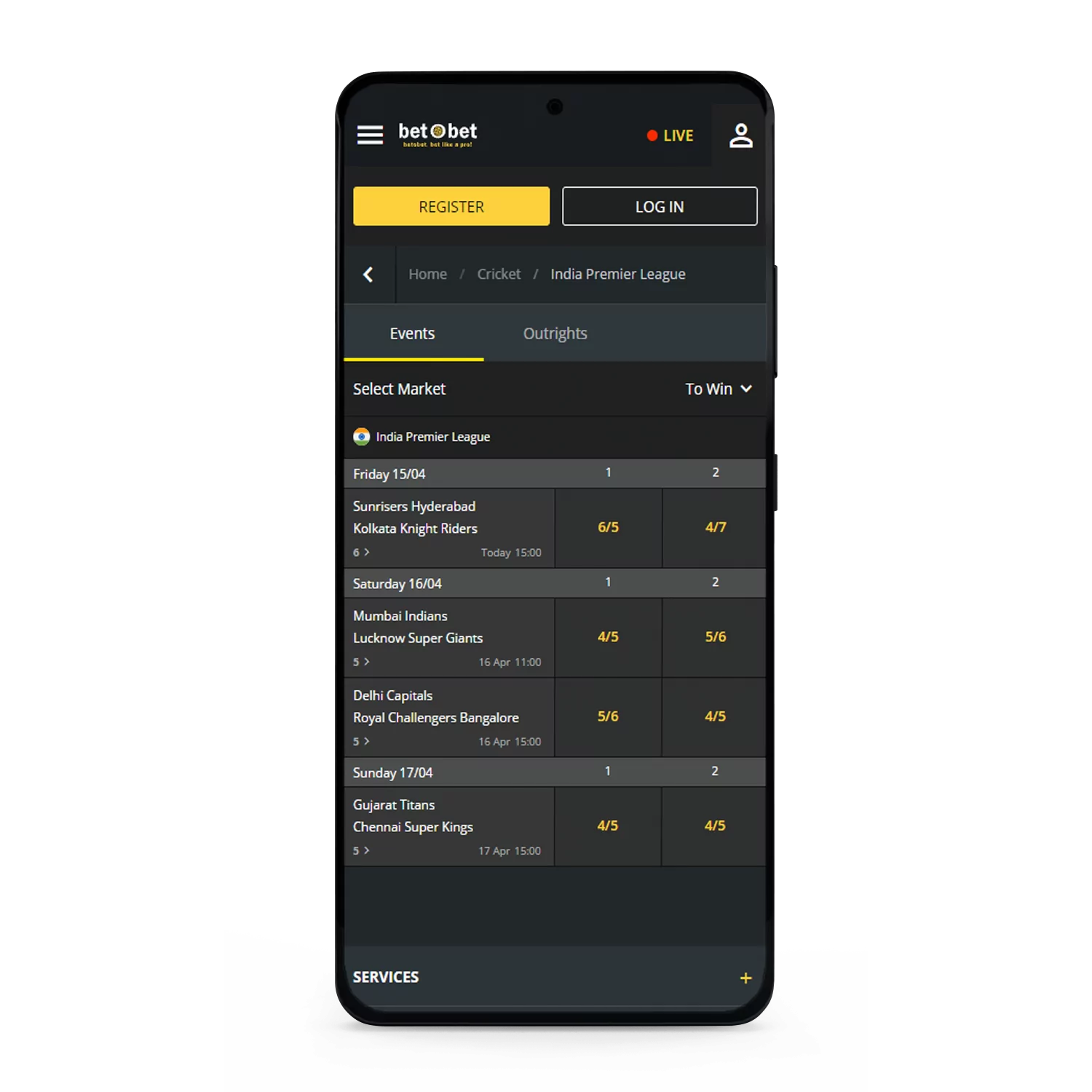 Users from India can bet on cricket in the mobile version of Betobet.