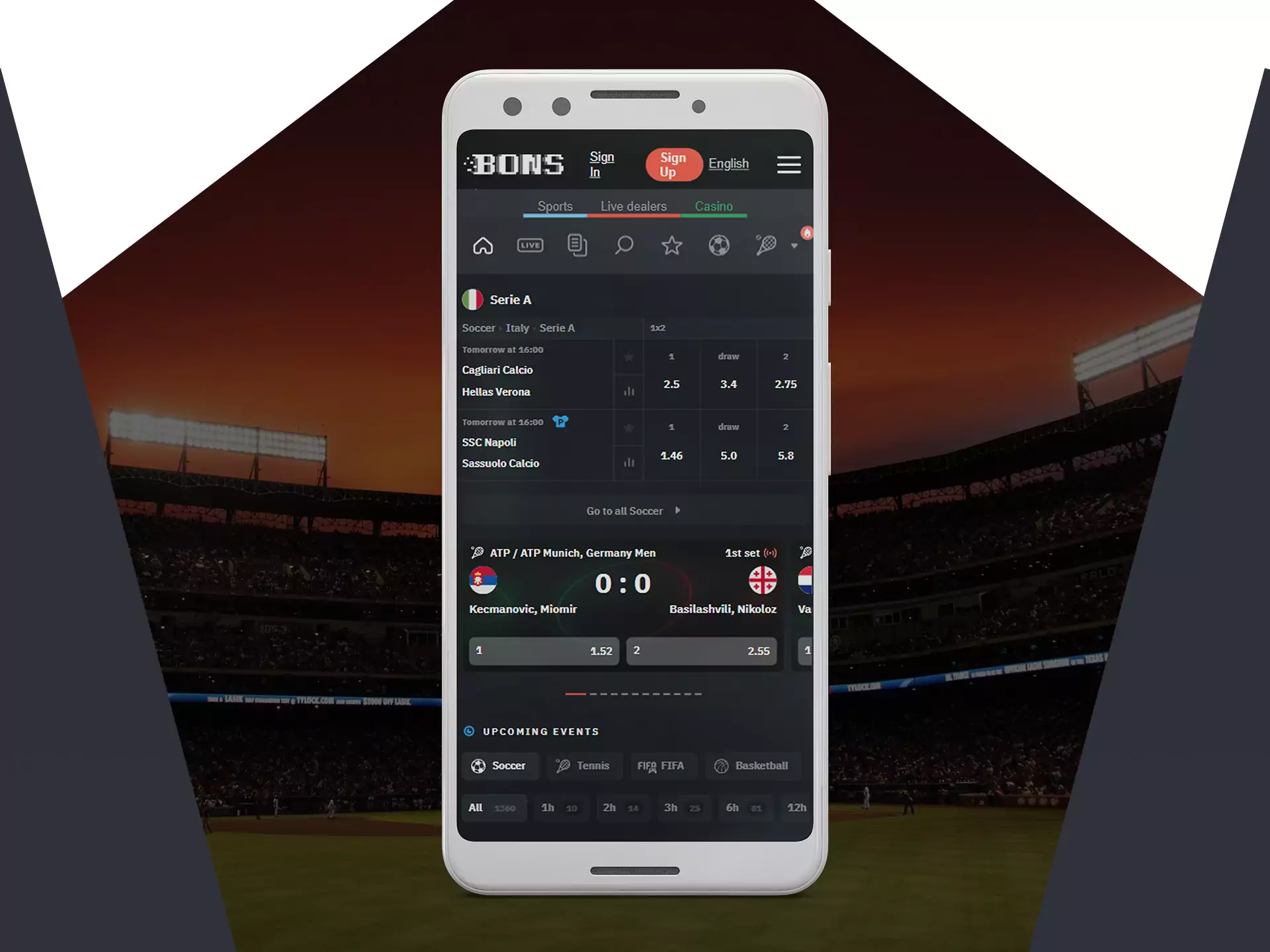 The Bons app supports betting on cricket and other sports