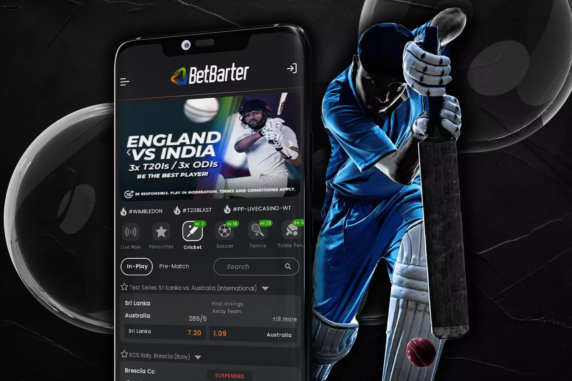 Cricket betting avialable in the Betbarter app.