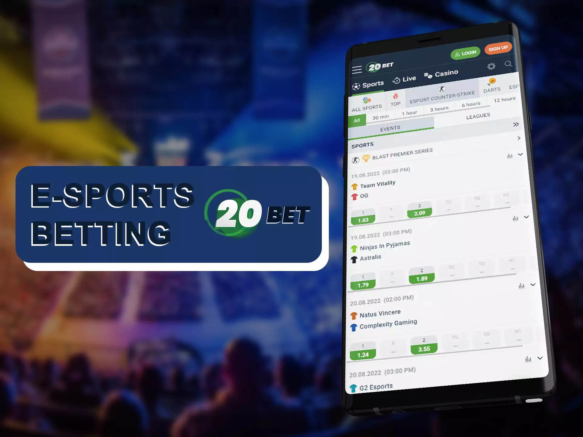 Bet on best esports team with the 20bet app.