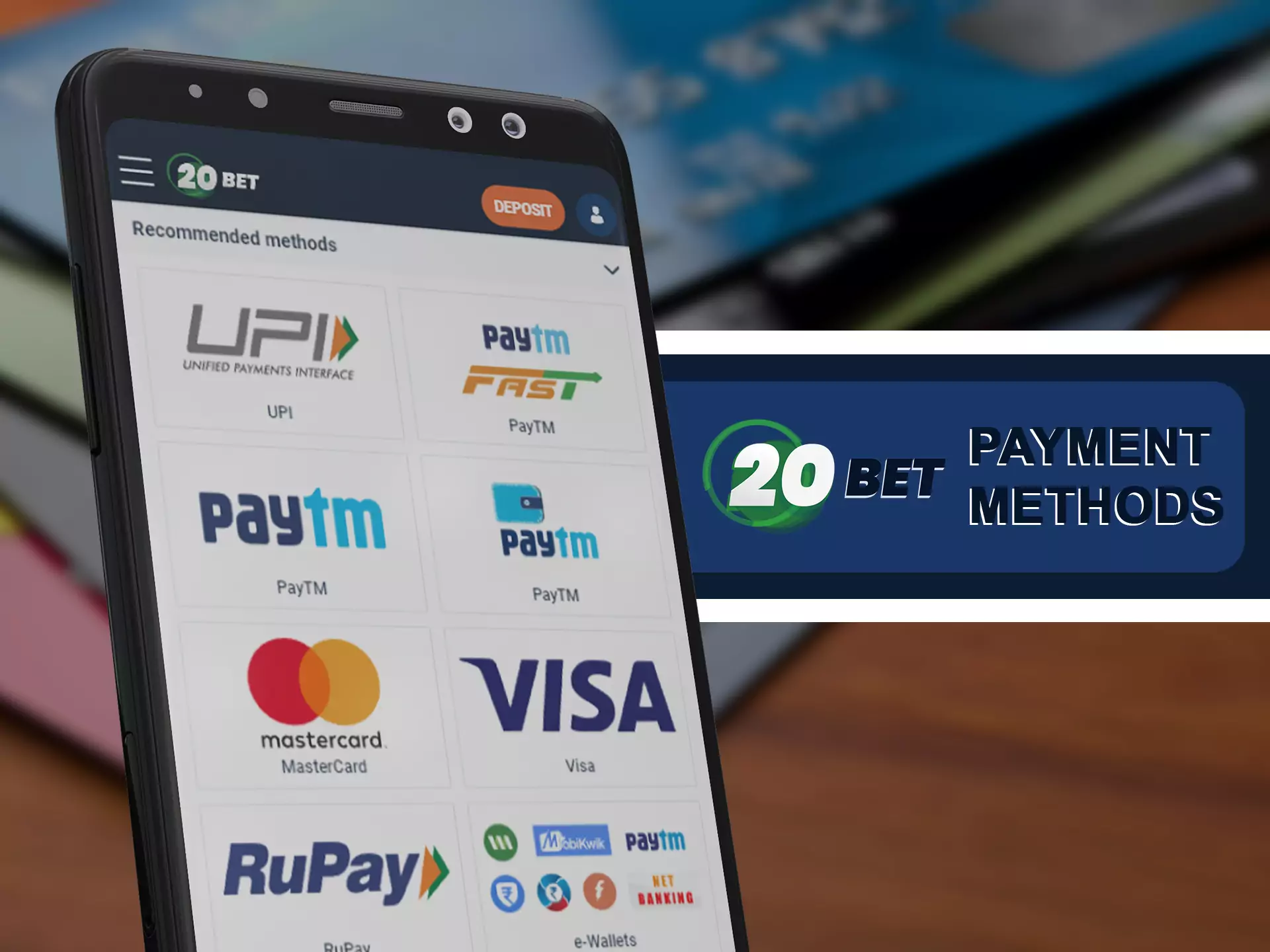 Choose your prefered payment method in 20bet app.
