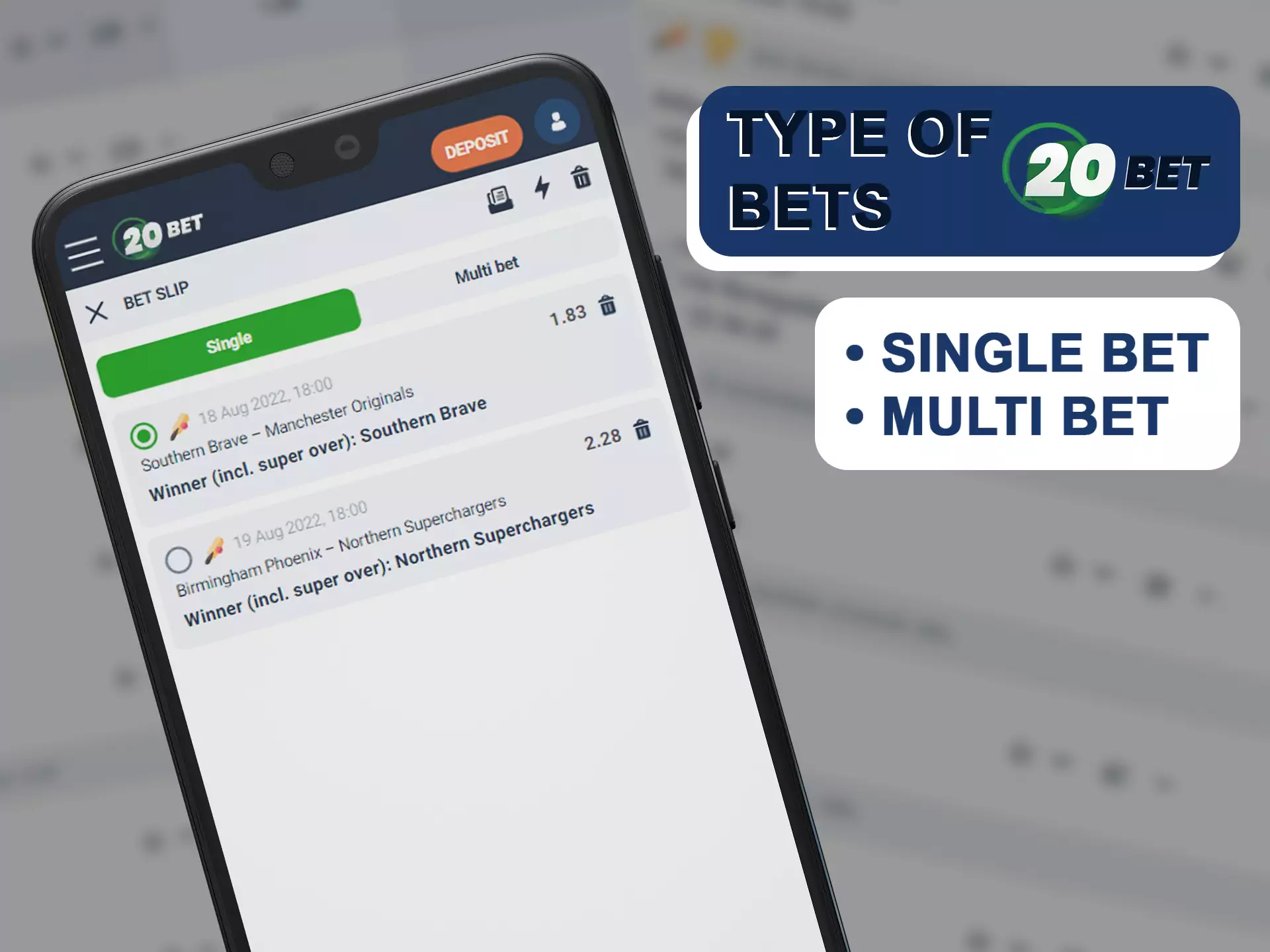 Choose how you want to bet in the 20bet app.