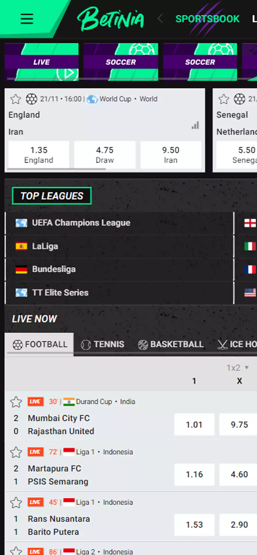 Bet in live format in Betinia app.