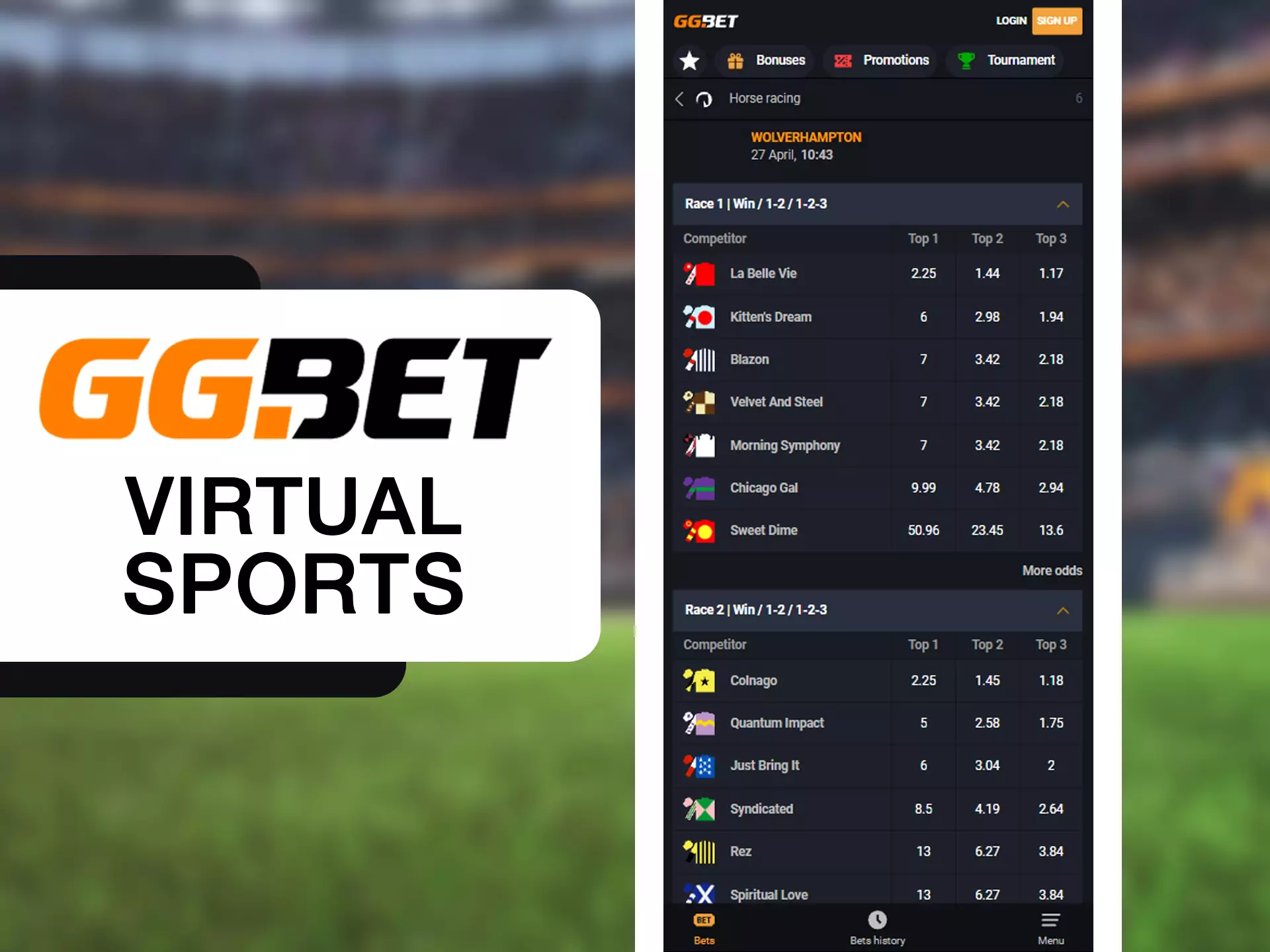 Watch and bet on different virtual sports using GGBet app.