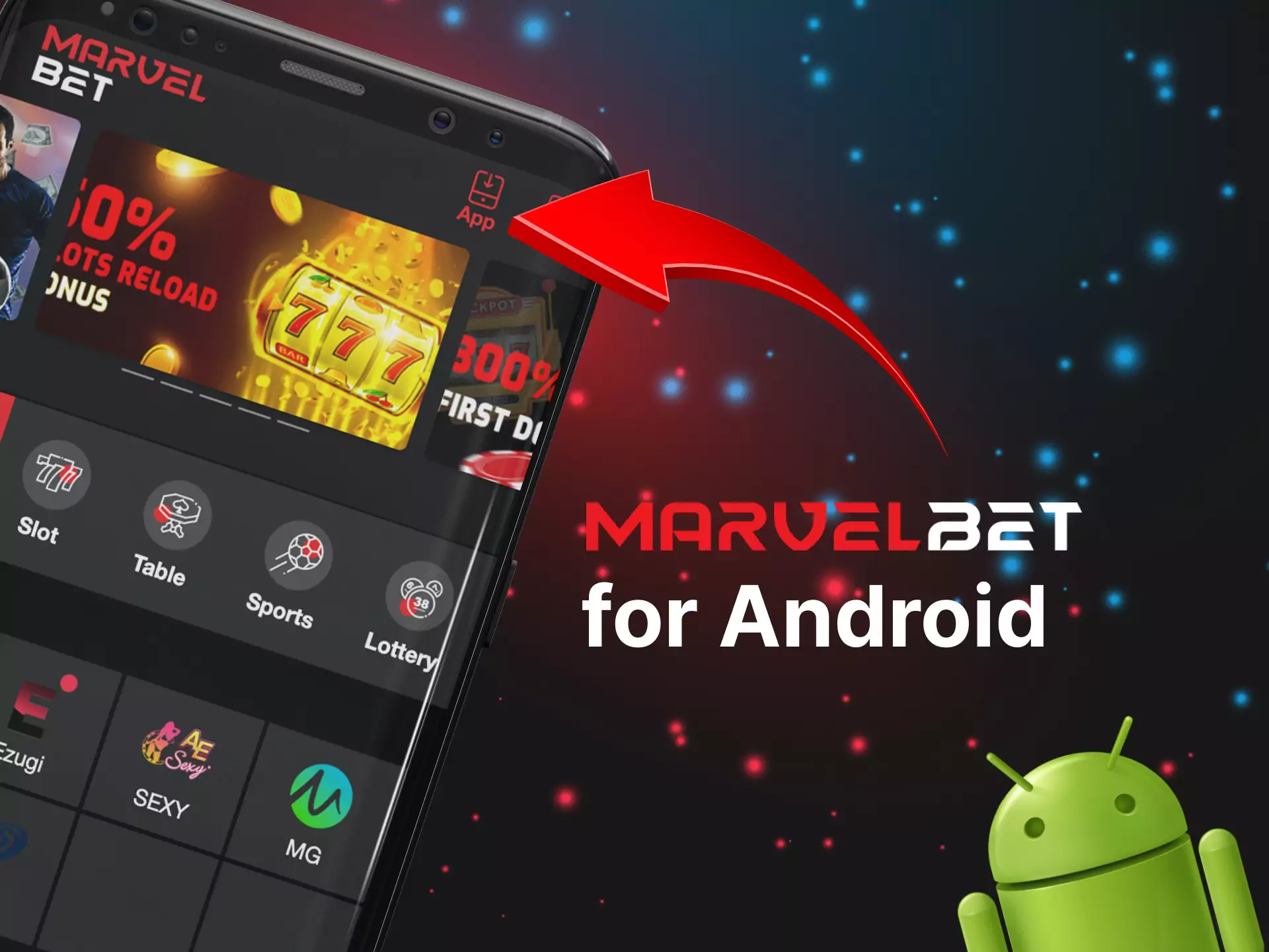 Click on the icon at the top of the homepage to start downloading the Marvelbet apk file.