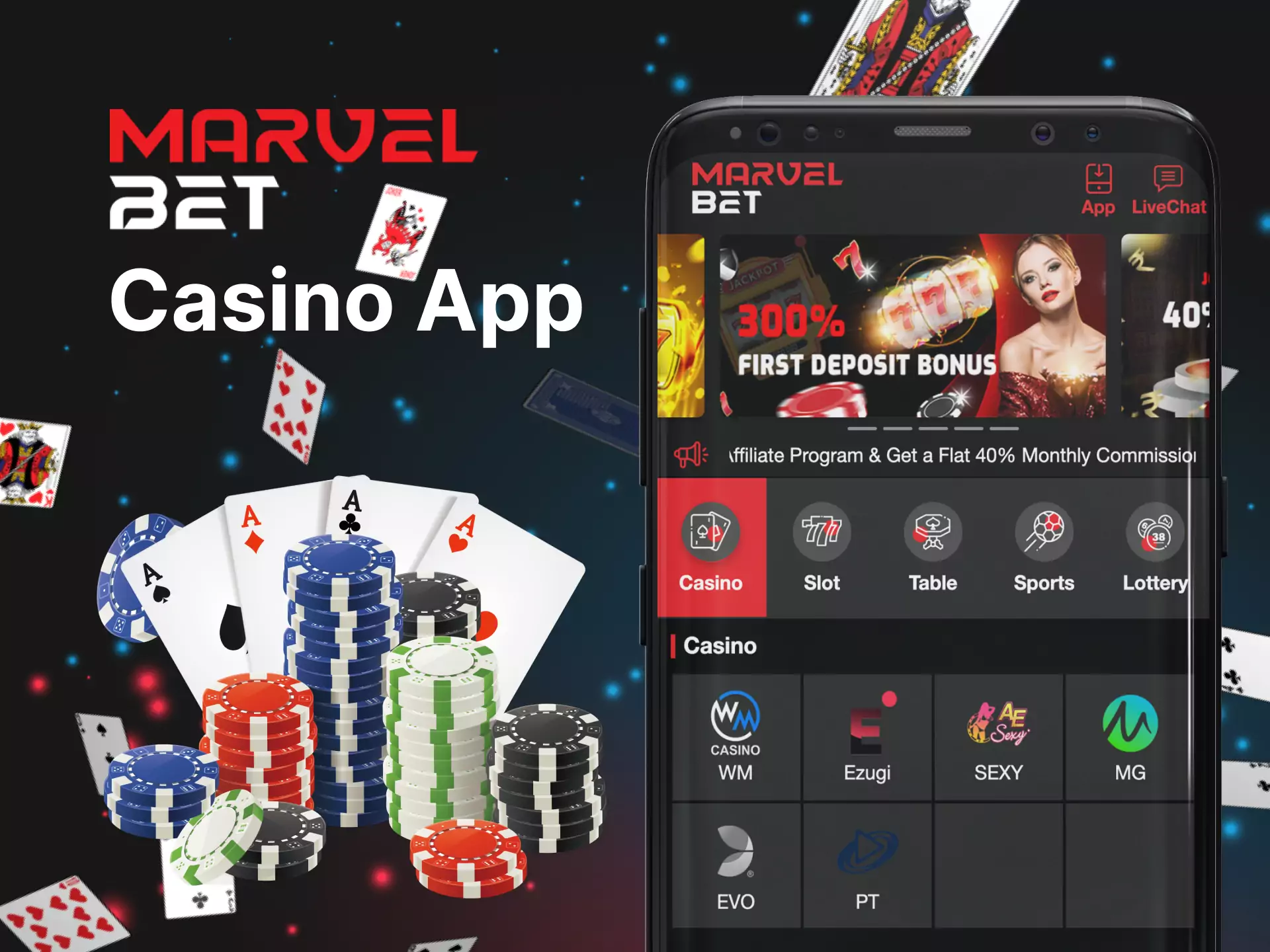 Besides the sportsbook, there is also an online casino in the Marvelbet app.