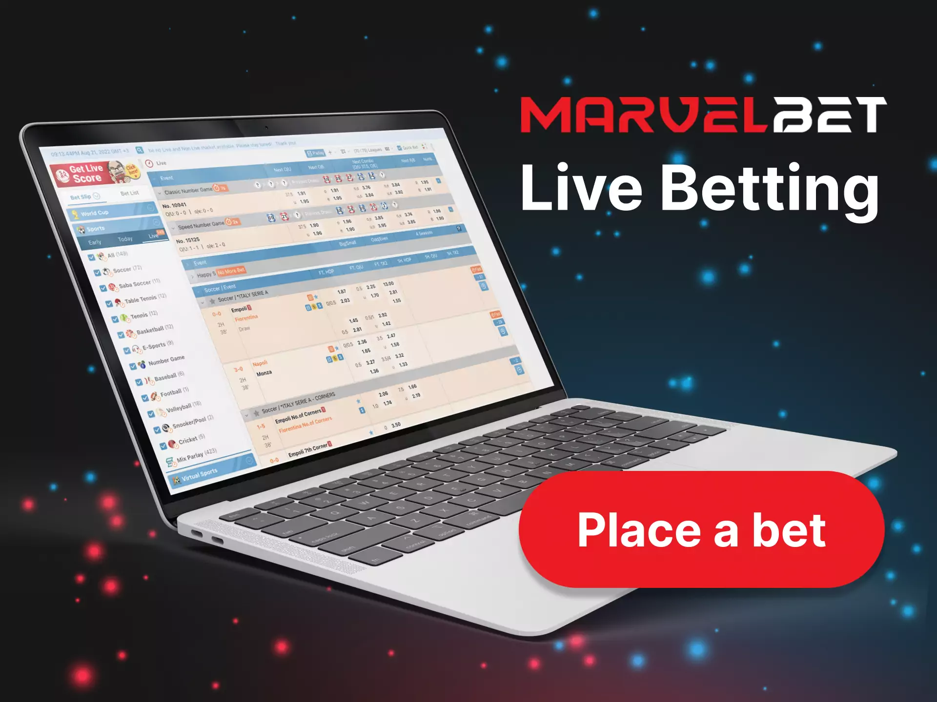 You can place bets during the match in the Marvelbet Live section.
