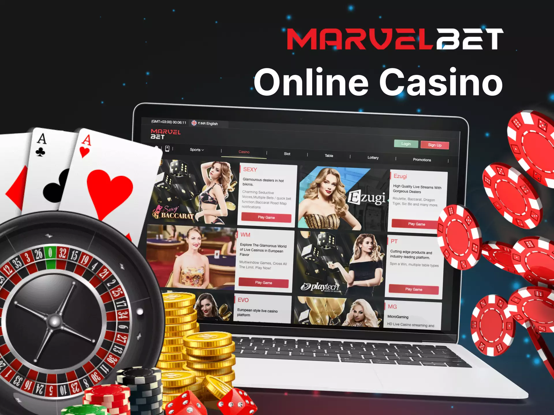 In the Marvelbet Online Casino, you find slots, poker, baccarat, roulette and many other games.