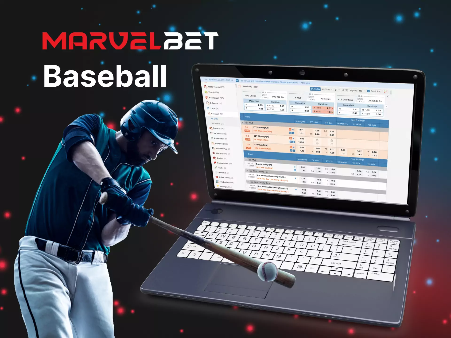 You can place bets on baseball matches on Marvelbet.
