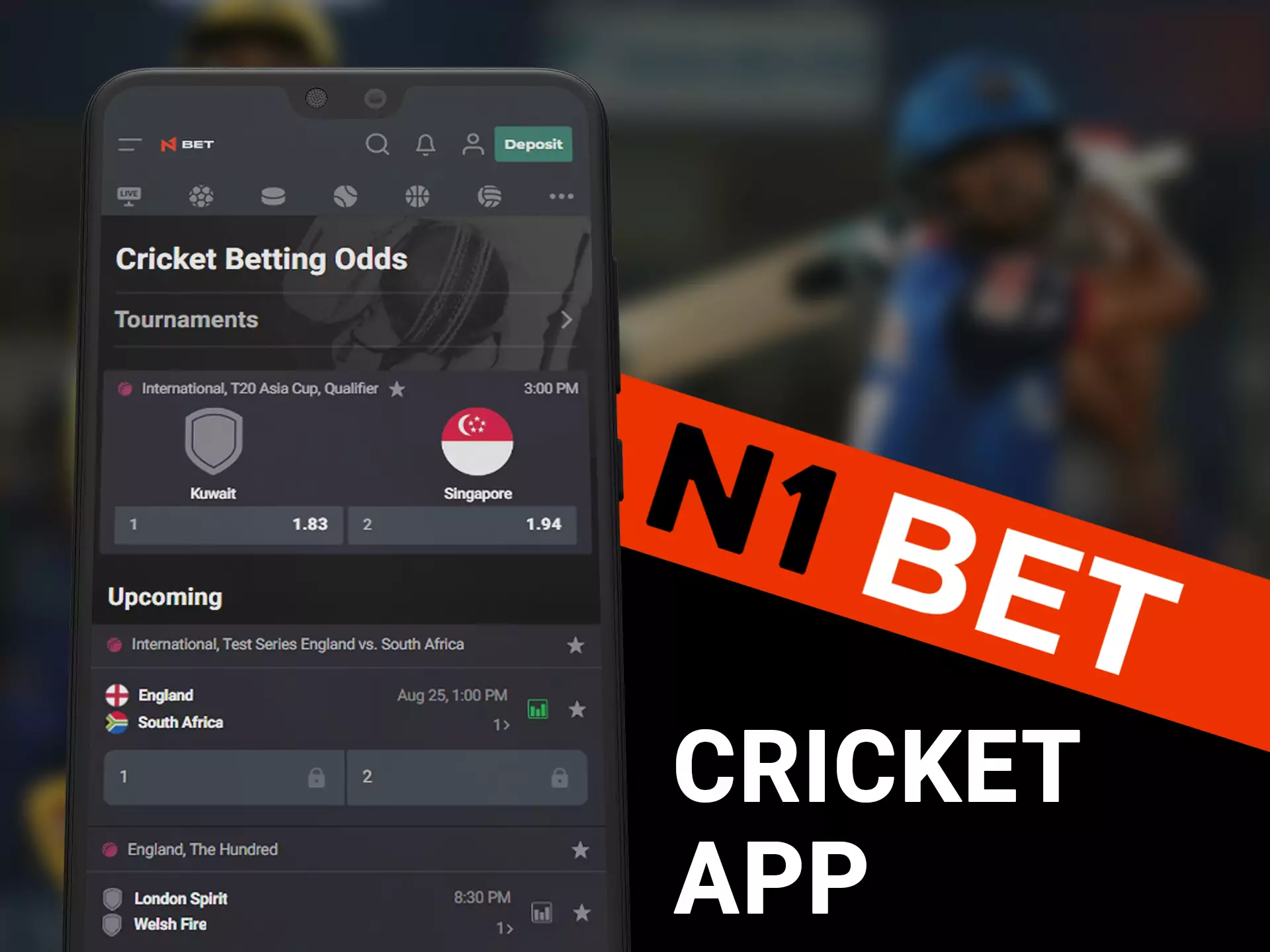 Watch cricket tournaments and bet on individual matches using the N1Bt app.
