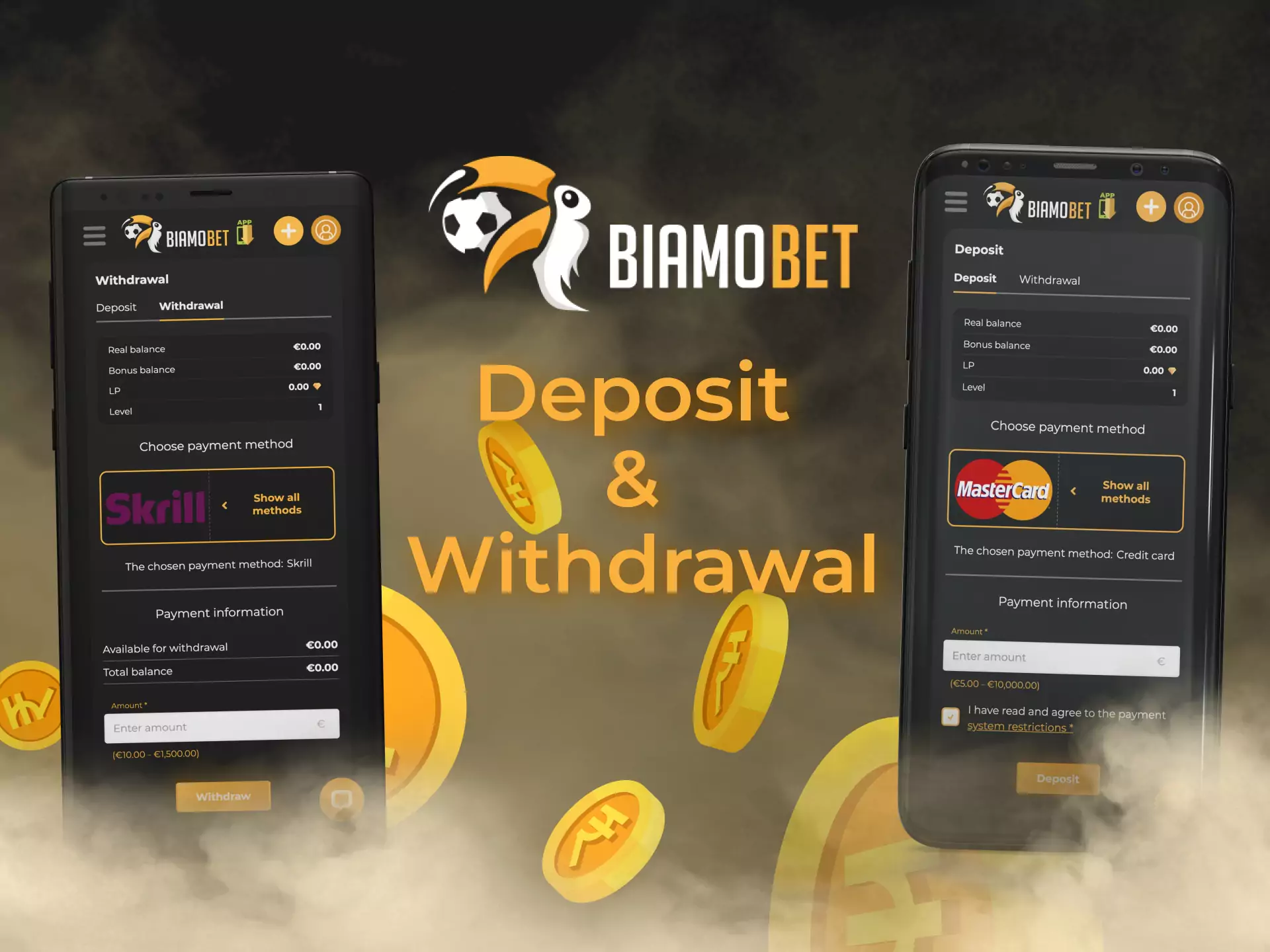 In the personal profile, you can top up your Biamobet account and withdraw winnings from it.