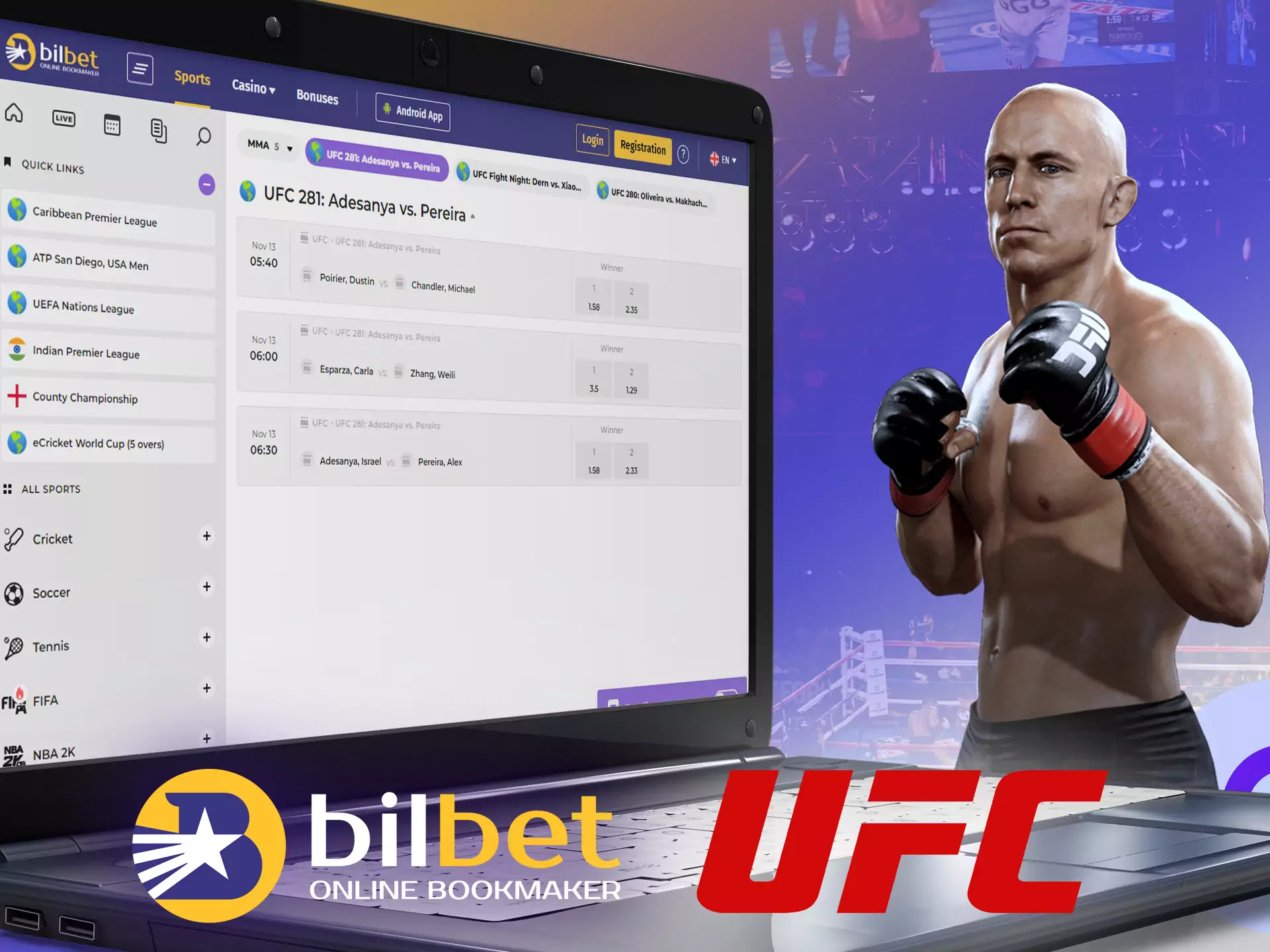 UFC fights are a popular section in the Bilbet sportsbook.